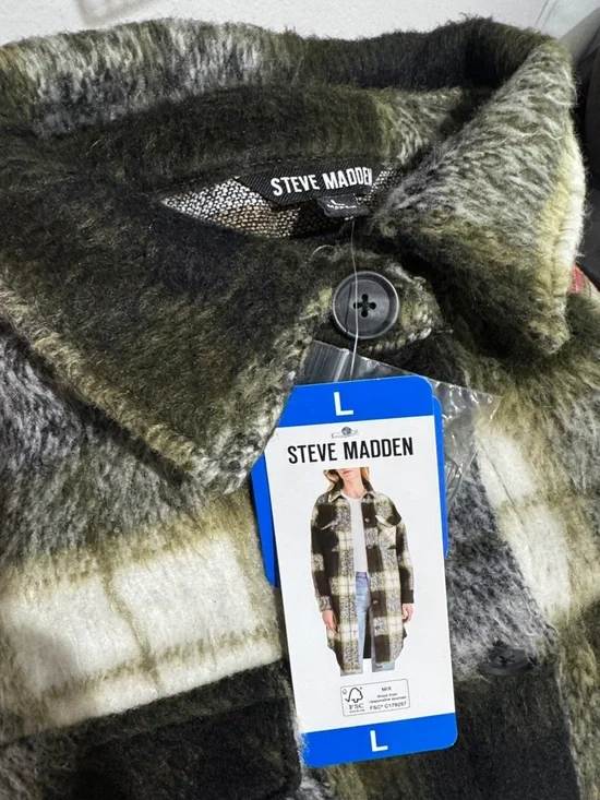 Steve Madden Olive Green Black White Plaid Longline Shacket - Picture 6 of 6